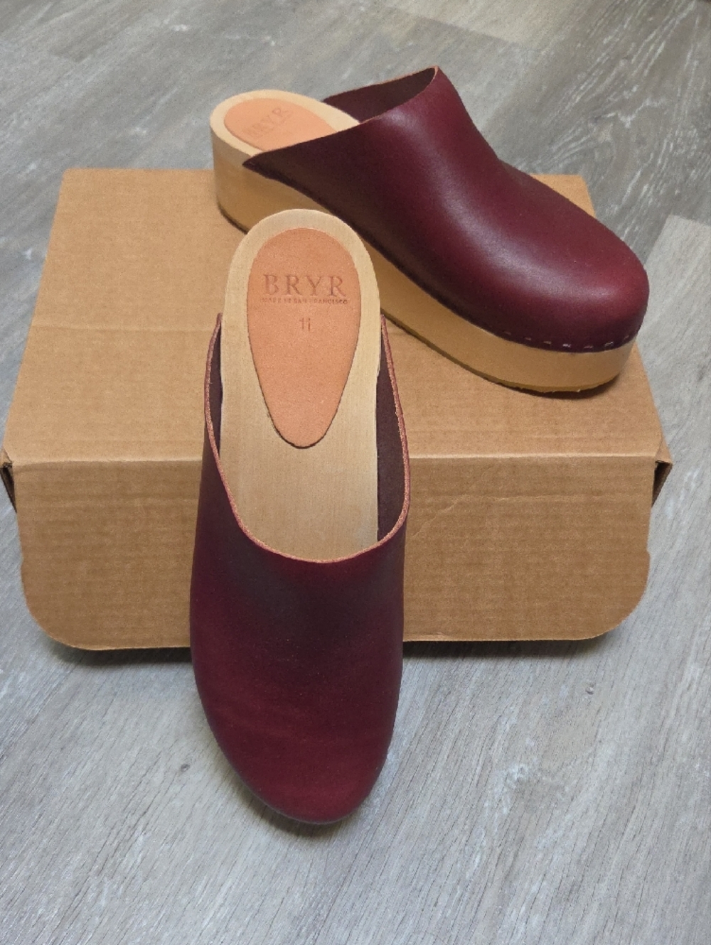 BRYR Burgundy Bean Slip-On Leather Clogs. Light Wood Platform. Worn Once. Sz 11 - Picture 2 of 5